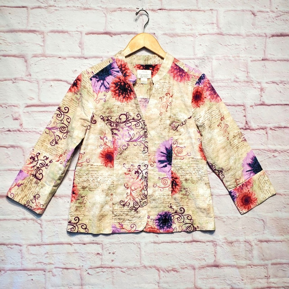 Christopher & Banks Jacket Womens Small Floral Stretch Button Up Artsy Boho Casu